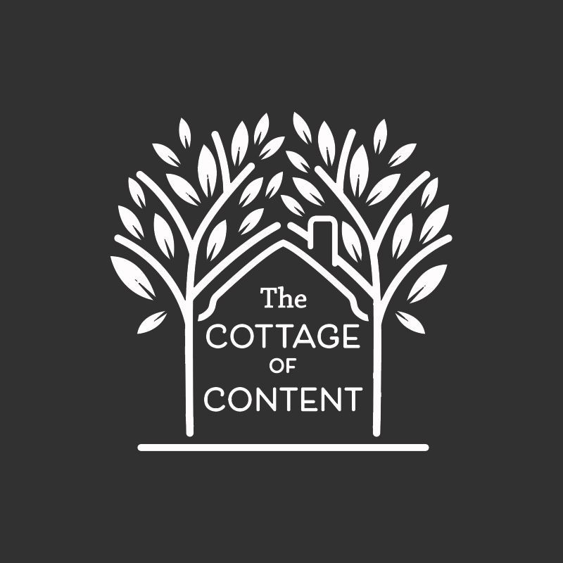 White illustration of cottage framed by trees; text 