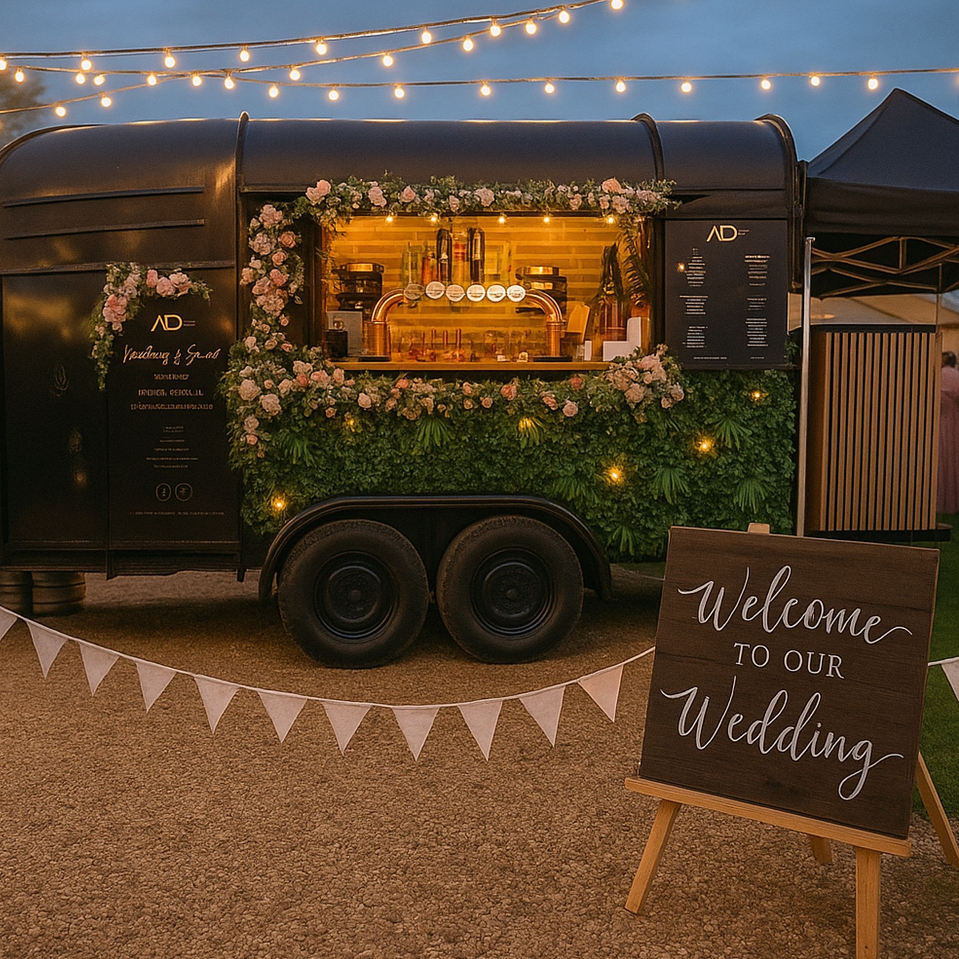 Black horse trailer converted to a bar, decorated with flowers and lights, serving coffee at a wedding.