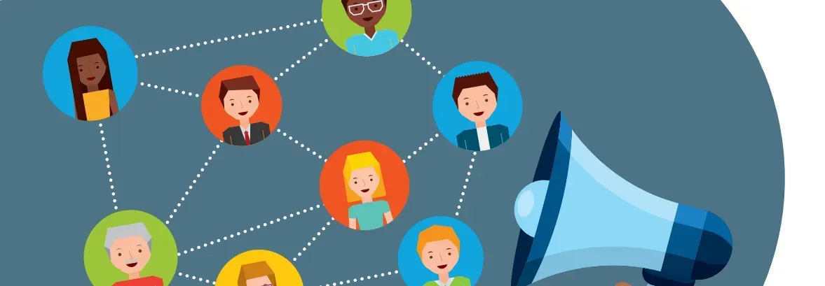 Network of diverse profile icons connected by dotted lines beside a blue megaphone on a gray-blue background