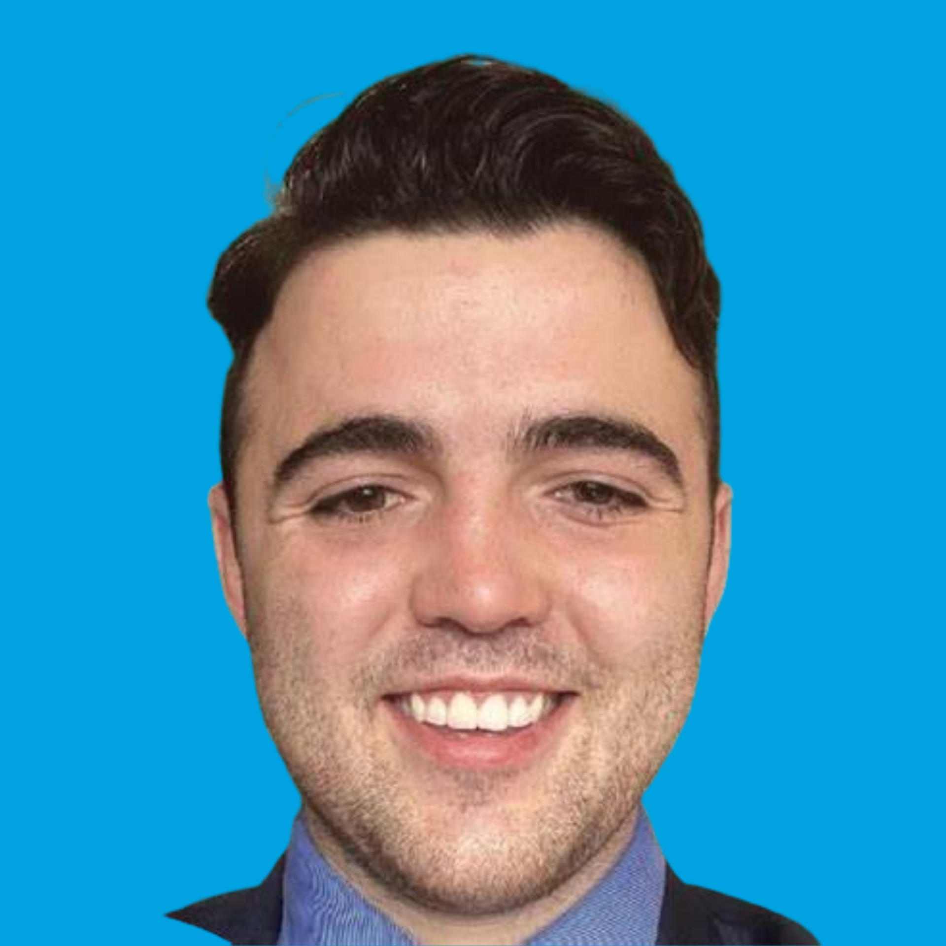Smiling person with dark hair on a bright blue background