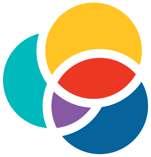 Abstract multicolor circular logo with overlapping teal, yellow, red, purple, and blue shapes