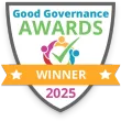 Good Governance Awards badge with “Winner” banner and 2025 text in blue, green, orange, and pink