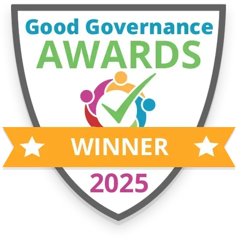 Good Governance Awards badge with “Winner” banner and 2025 text in blue, green, orange, and pink