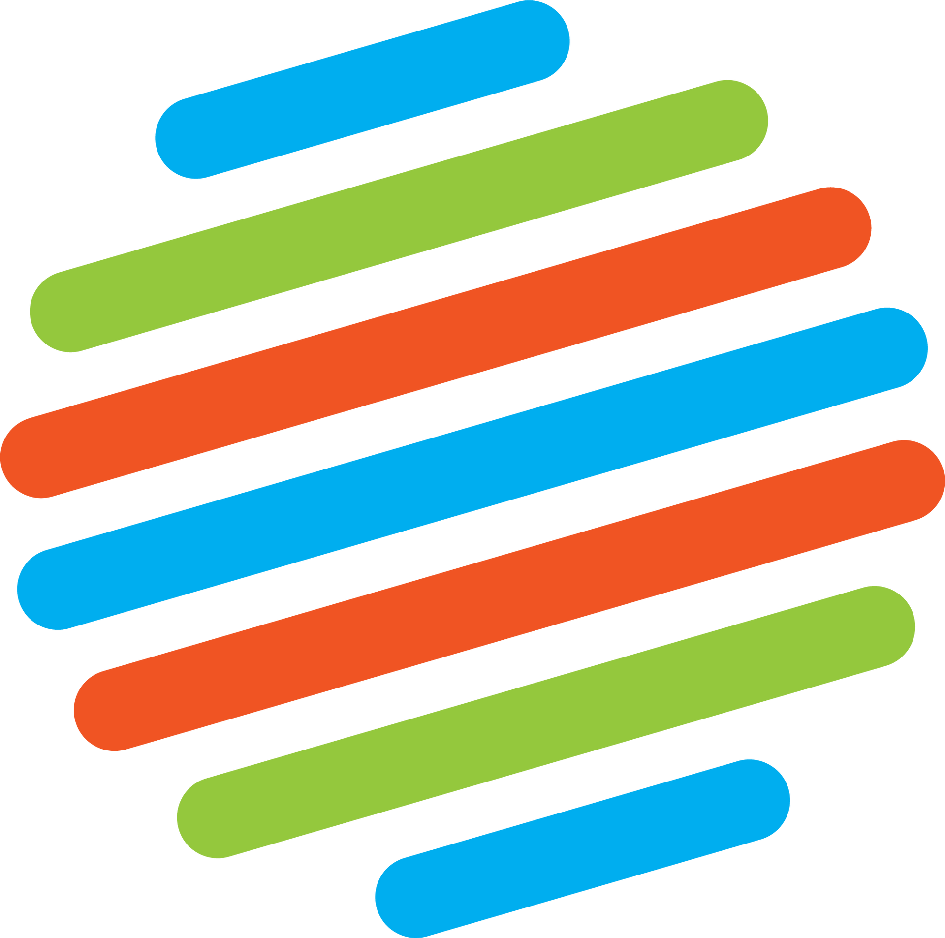 Abstract logo of diagonal rounded stripes in blue, green, and orange on a white background