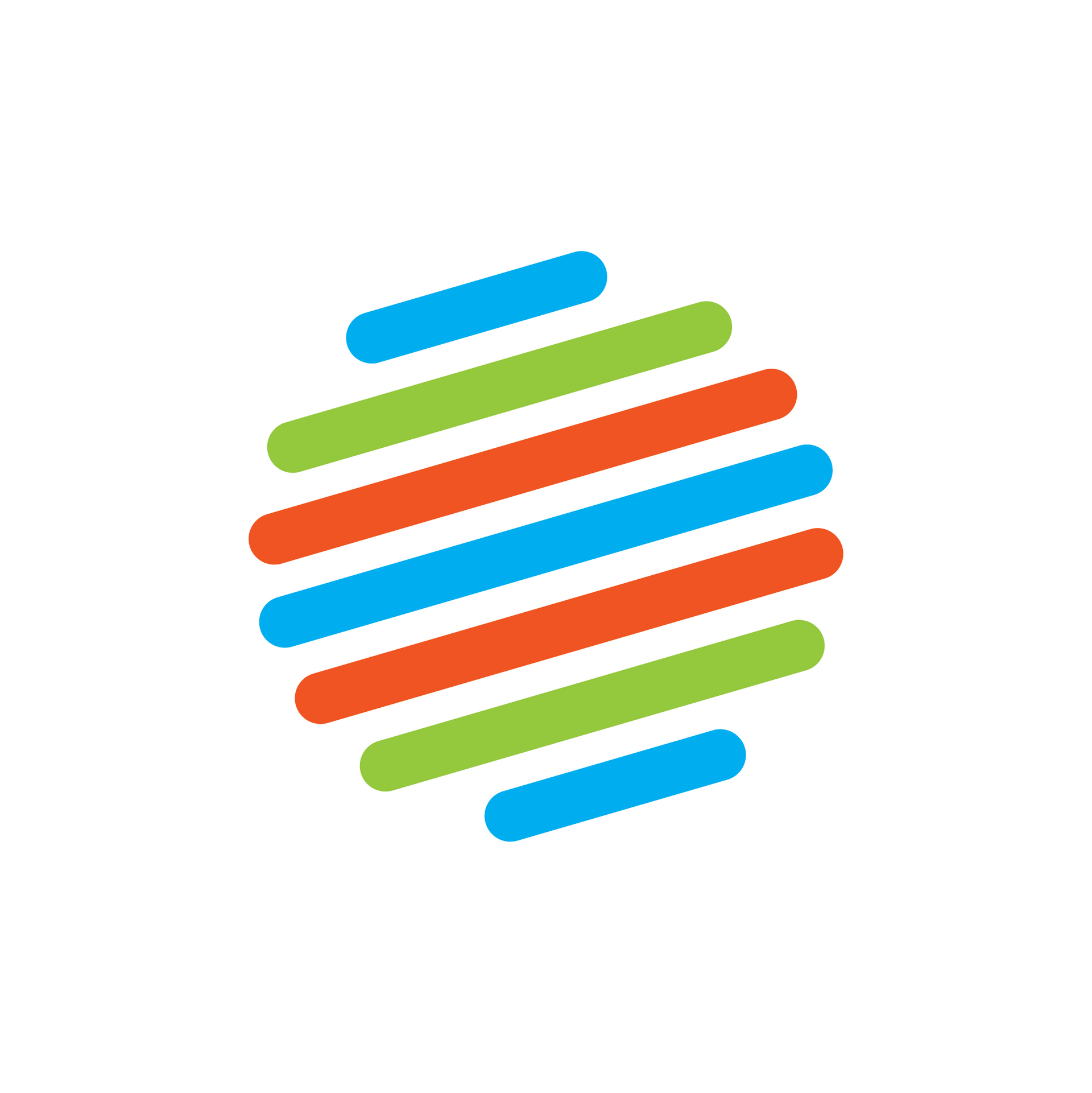 Abstract logo of multicolored diagonal bars forming a tilted oval on a white background