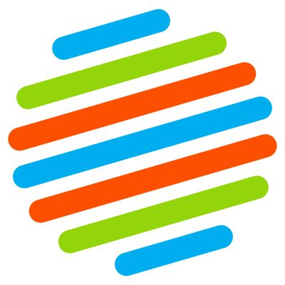 Abstract logo of seven tilted rounded bars in blue, green, orange, and red on white background