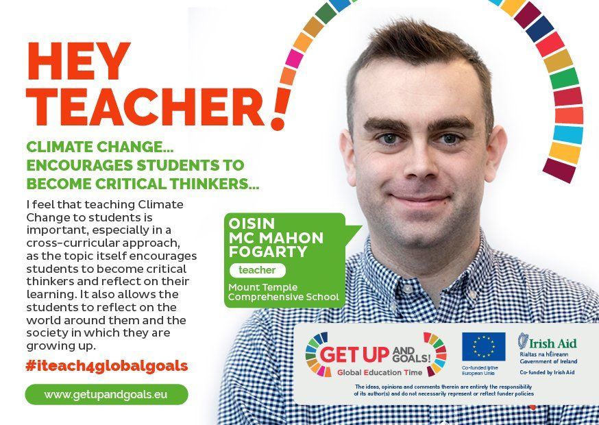 Poster with orange “HEY TEACHER!” text and a man’s portrait promoting climate change education