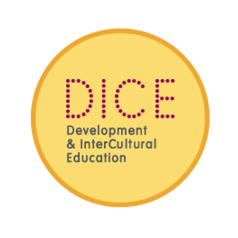DICE logo in a yellow circle, with dotted purple “DICE” and subtitle “Development & InterCultural Education”