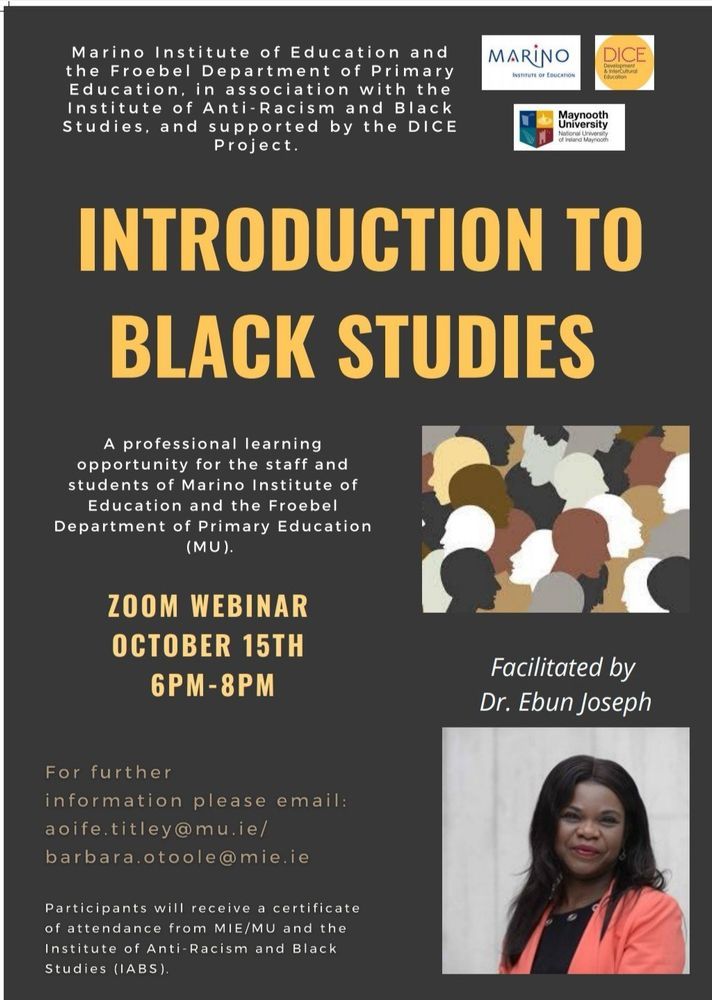 Poster for an Introduction to Black Studies Zoom webinar, October 15th, 6PM–8PM, with speaker photo and logos