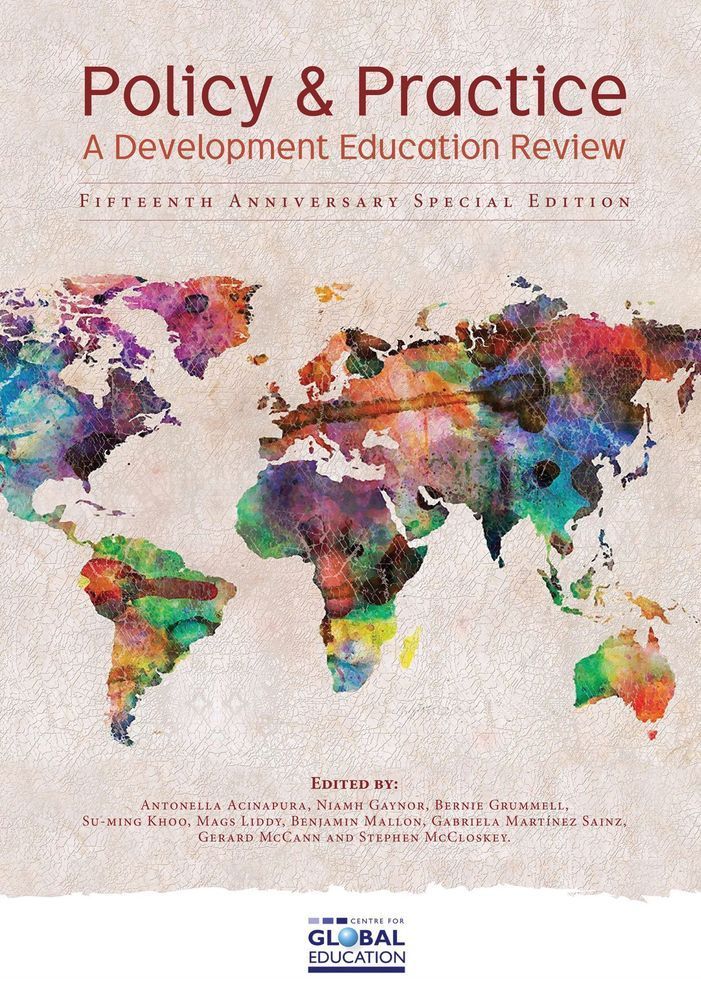 Journal cover with multicolor watercolor world map and the title “Policy & Practice: A Development Education Review.”
