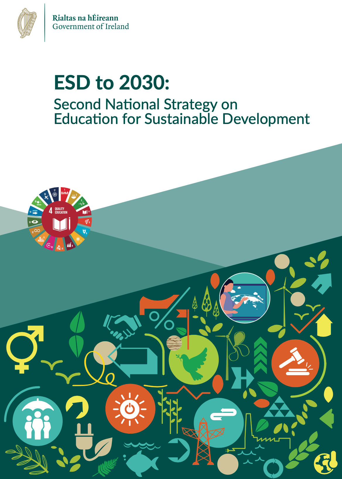 Cover of “ESD to 2030: Second National Strategy on Education for Sustainable Development” with green sustainability icons.