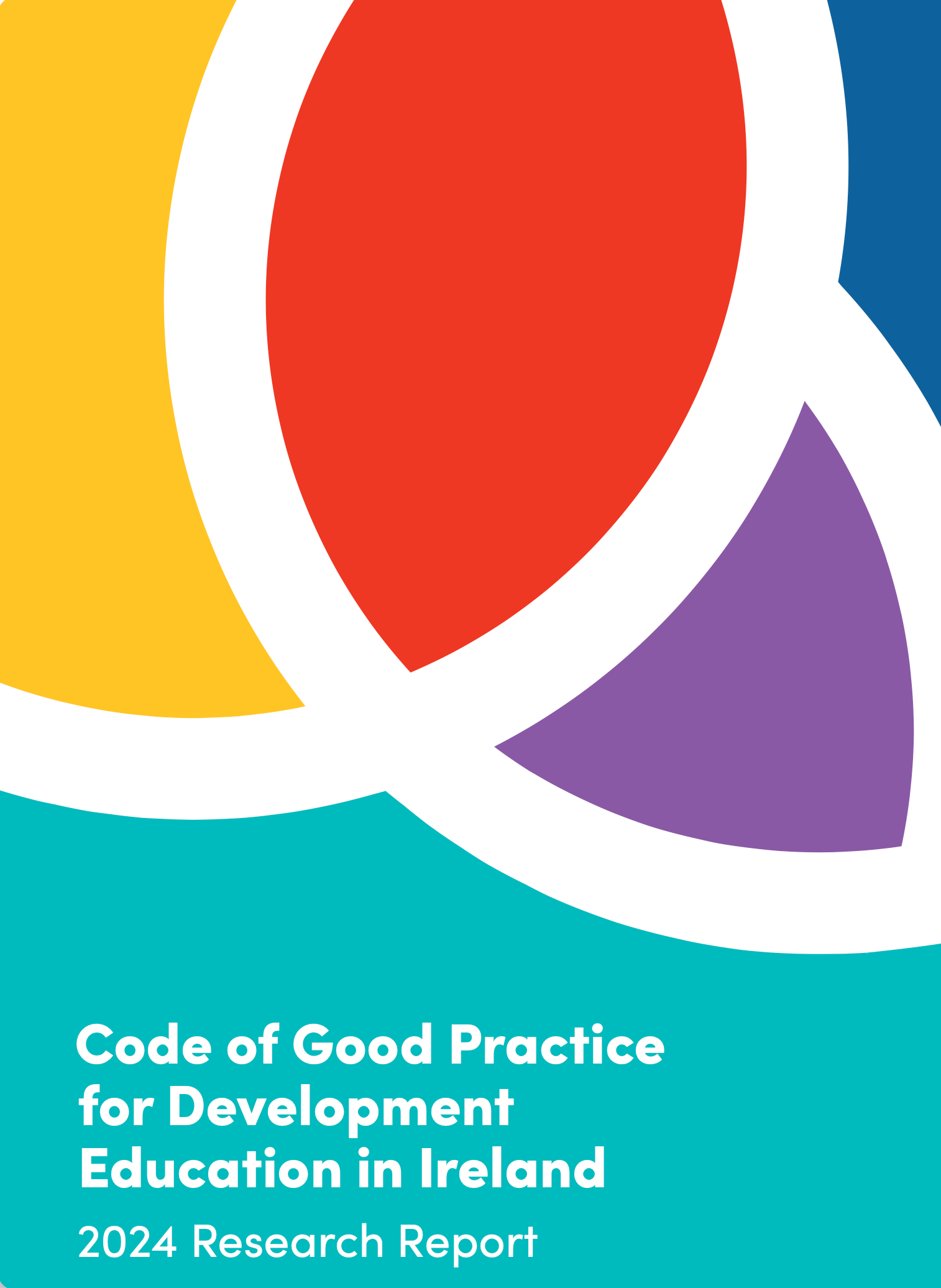 Cover of Code of Good Practice for Development Education in Ireland, 2024, with colorful abstract shapes on teal background