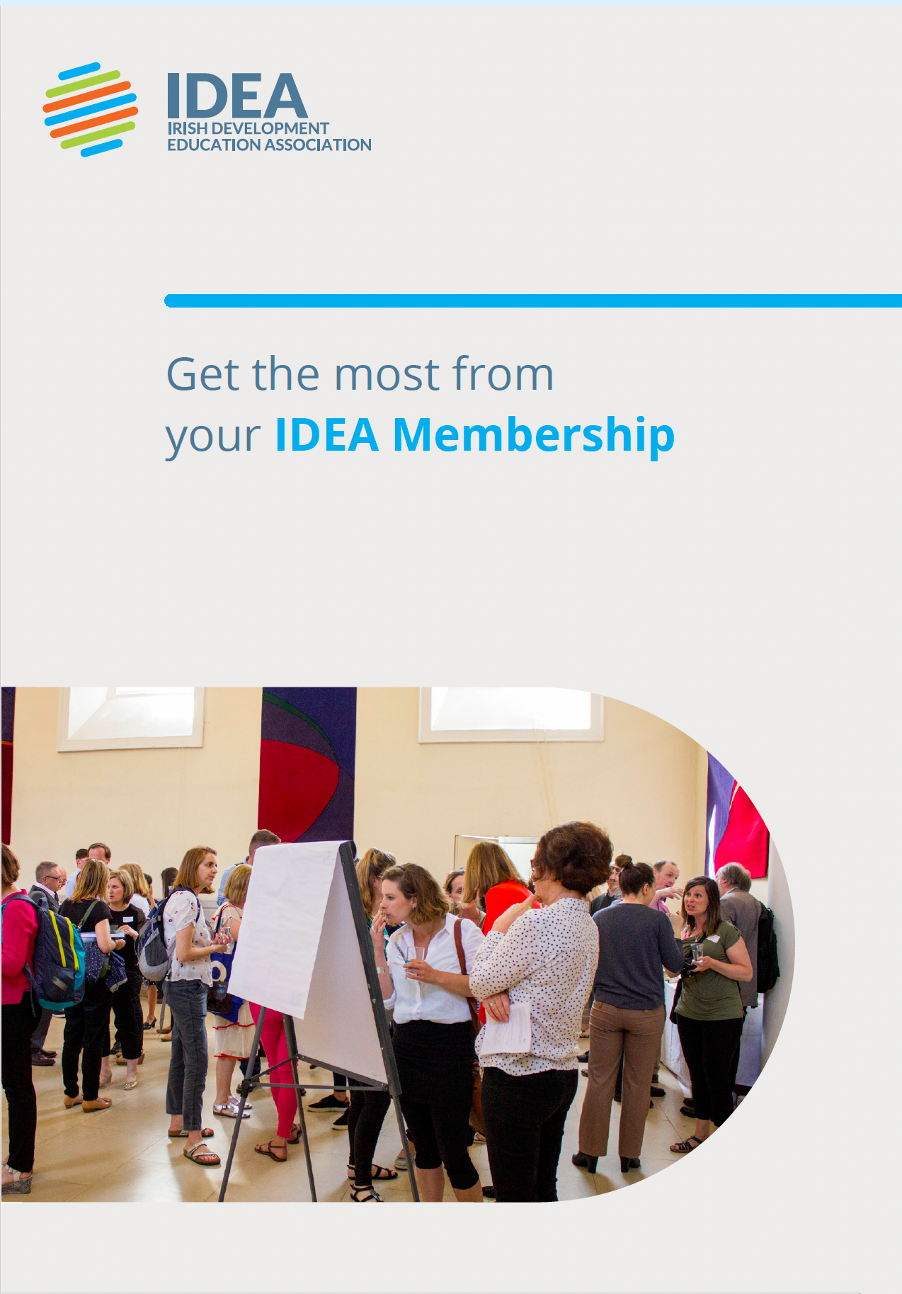 IDEA Membership brochure with logo, text, and a photo of people gathered indoors at an event