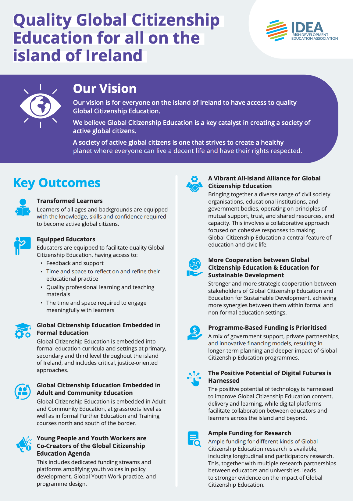 Poster on inclusive citizenship education for the island of Ireland, with purple headings and key concepts.