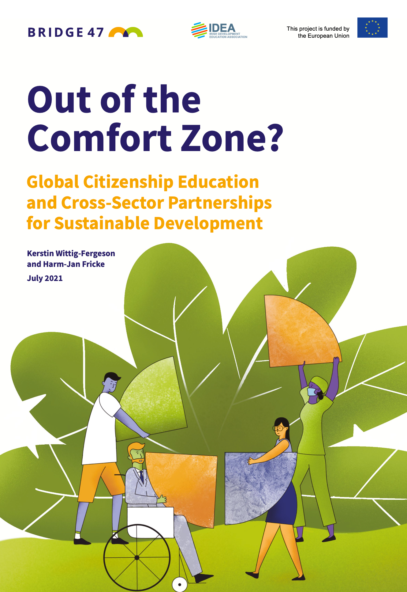 Poster for “Out of the Comfort Zone?” on global citizenship education, with illustrated people and green leaves on white background