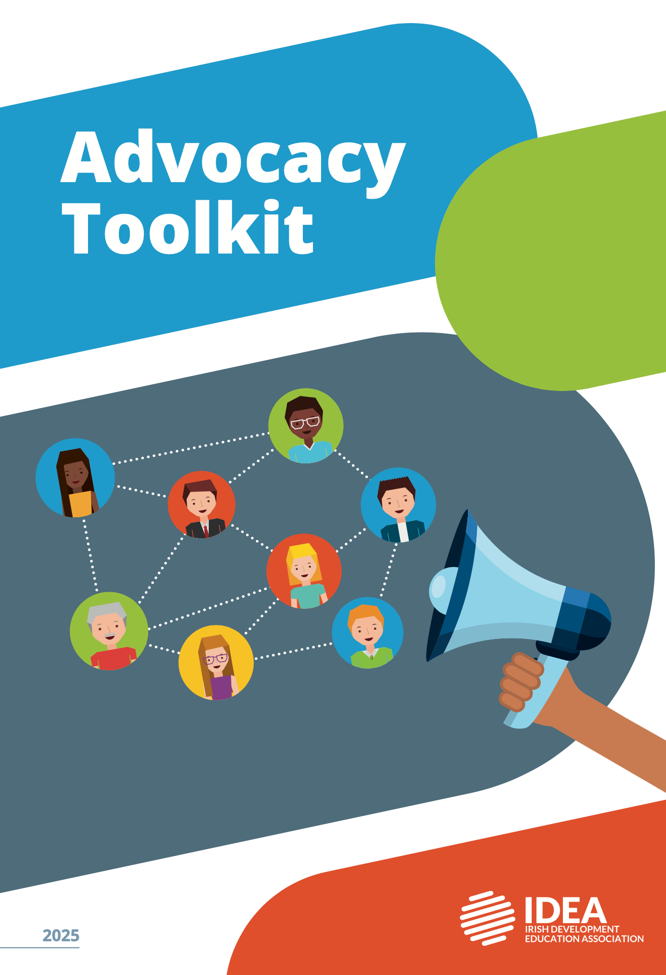 Cover titled “Advocacy Toolkit” with connected icons and a megaphone in blue, green, and white colors