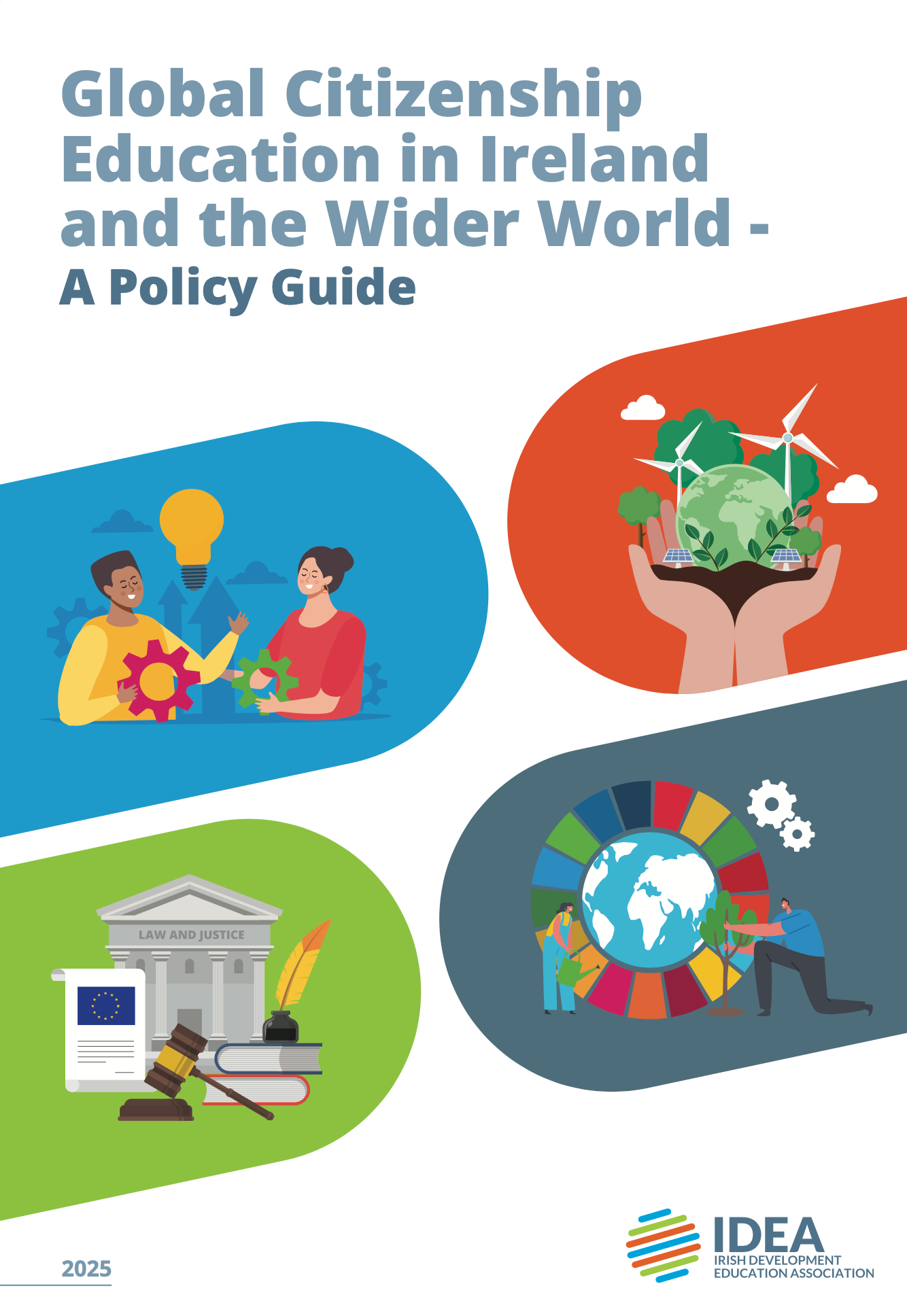 Global Citizenship Education in Ireland and the Wider World policy guide cover with four colorful illustrations