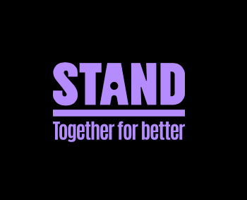 Purple “STAND” with the tagline “Together for better” on a black background.