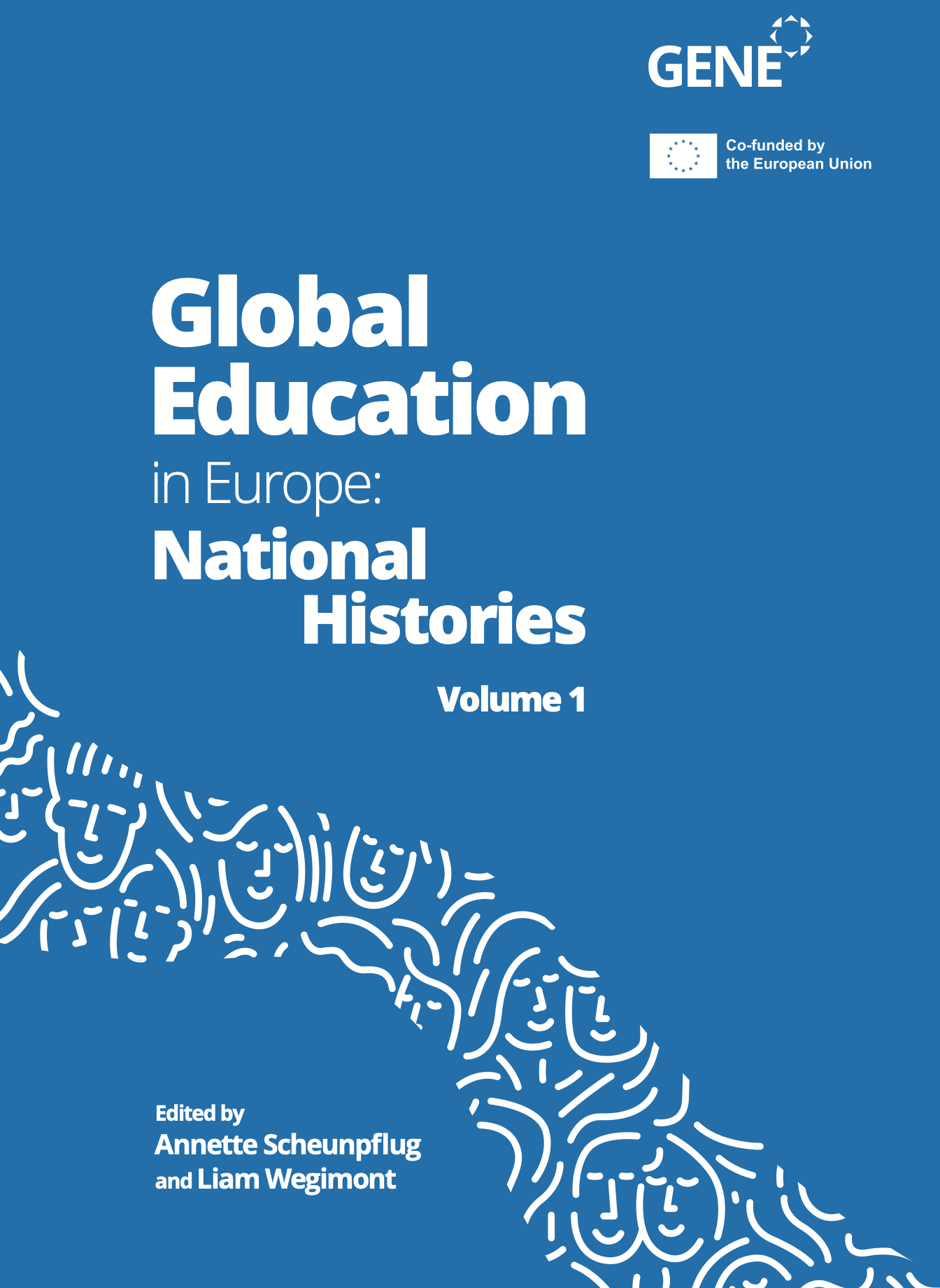 Blue book cover titled “Global Education in Europe: National Histories, Volume 1” with white text and line-art pattern