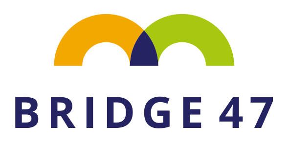 Bridge 47 logo with yellow and green arches over blue text on a white background