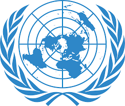 Blue United Nations emblem with world map, laurel wreath, and globe grid on white background