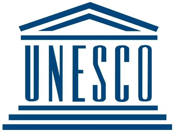 UNESCO logo in blue with stylized temple roof and the word “UNESCO” centered below