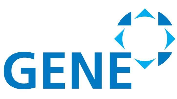 Blue “GENE” logo with a circular blue geometric symbol above the letters