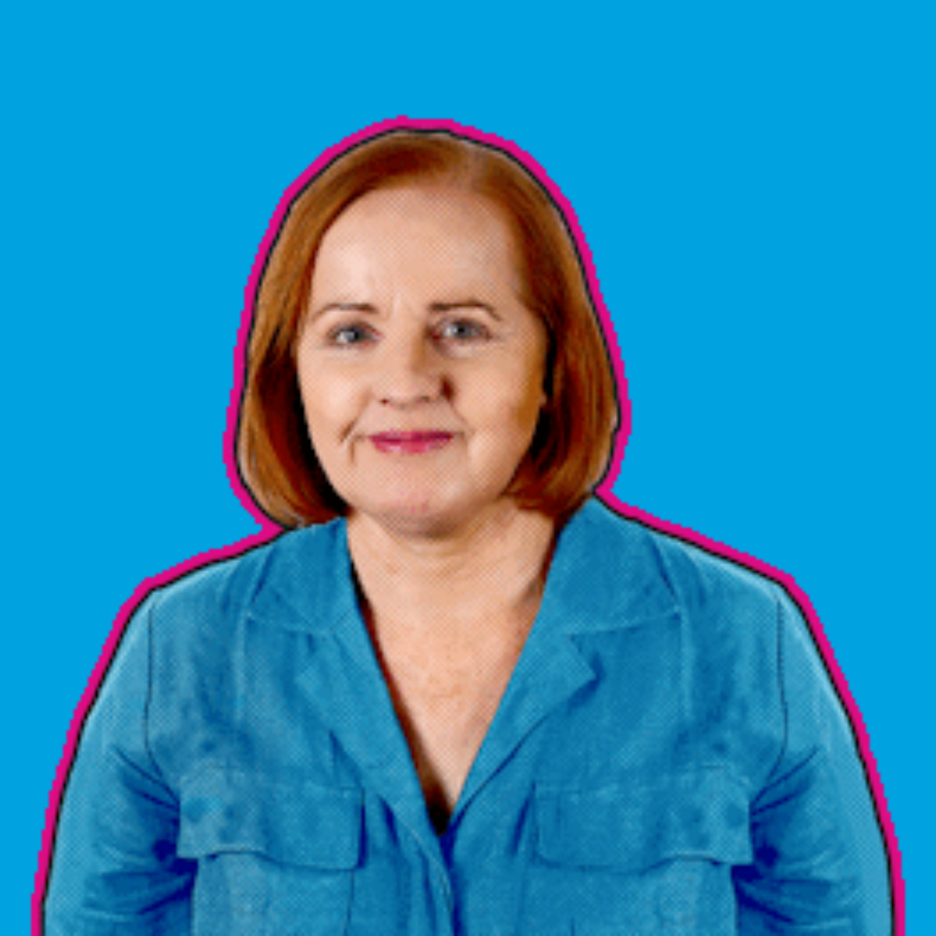 Woman in a blue shirt against a bright blue background, facing forward with a slight smile