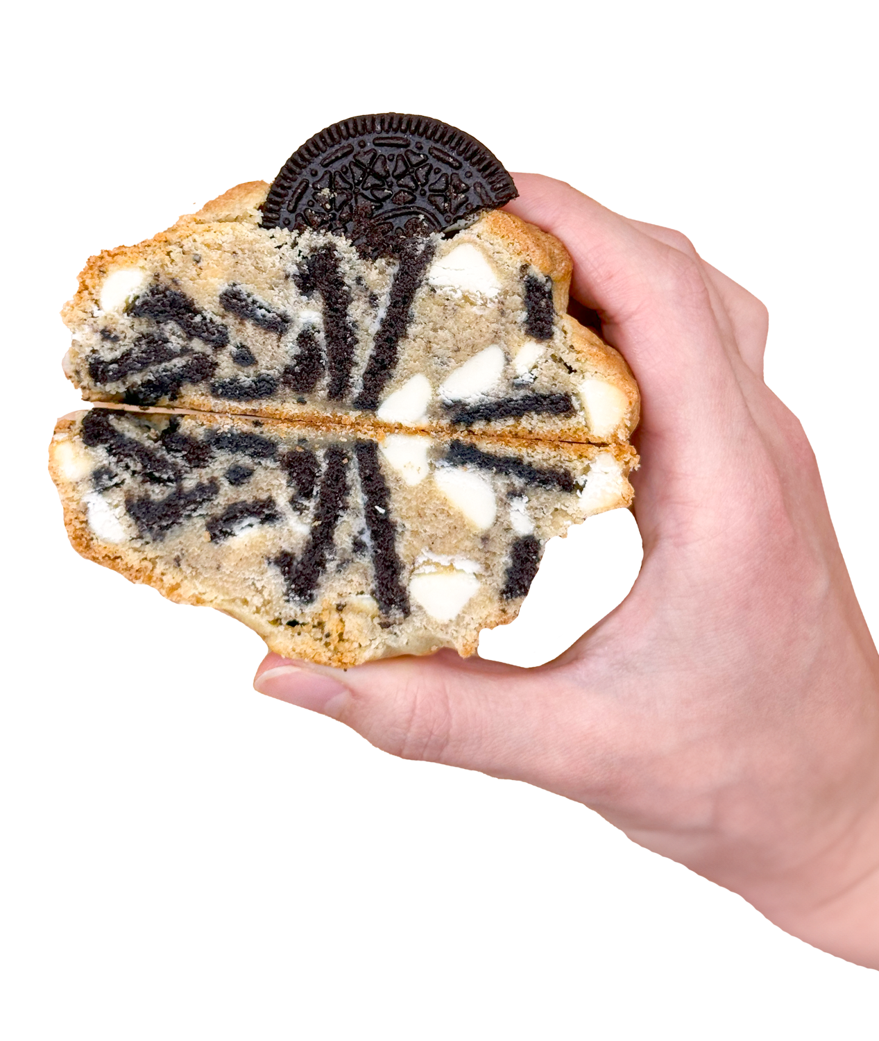 A hand is holding a half eaten oreo cookie