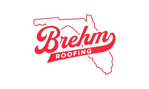 Brehm Roofing logo in red script inside an outline of Florida on a white background