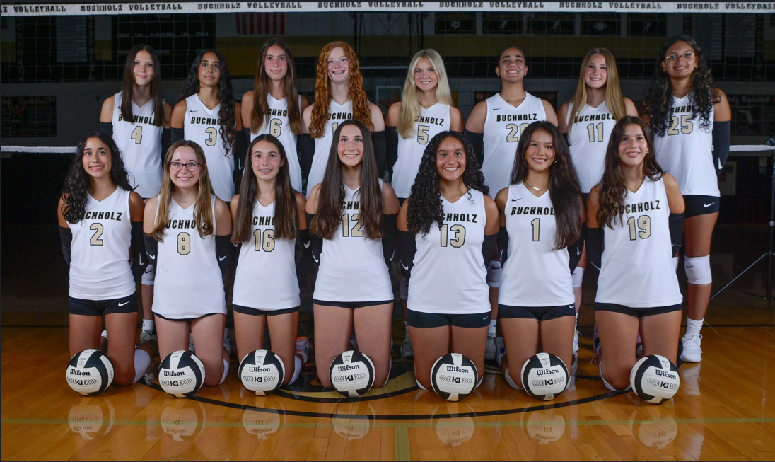 Volleyball team posing indoors in white uniforms with balls lined up at their feet.