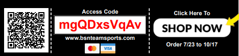Black and white QR code with Access Code mgQDxvQAv and “SHOP NOW” button for BSN Sports ordering.