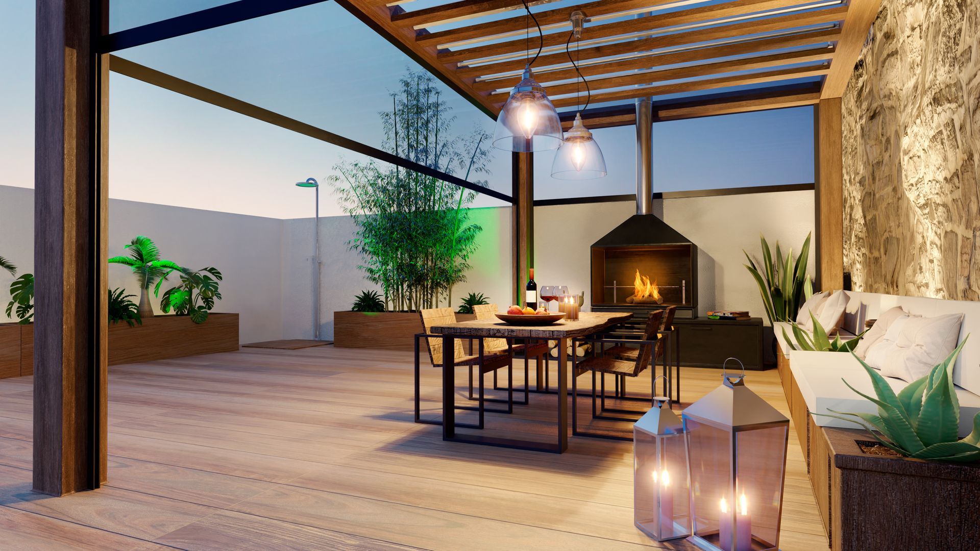 A bright sunroom with a glass dining table, four black metal chairs, light wood floors, and floor-to-ceiling windows.