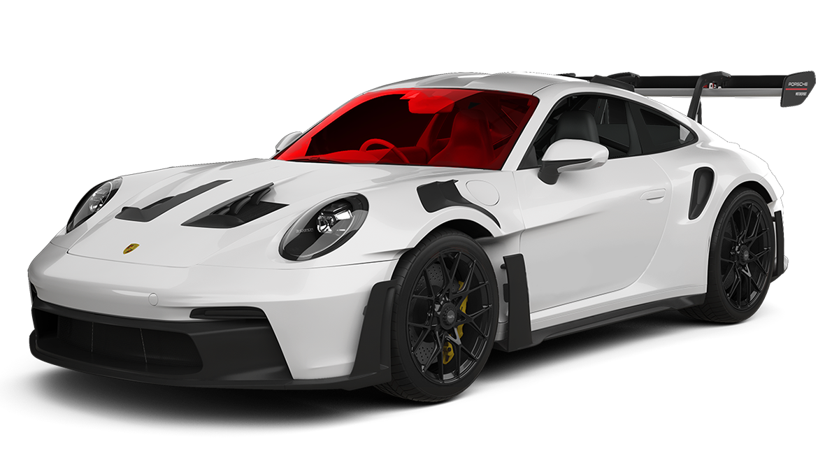 White sports car with red windshield, black racing wheels, and a large rear wing on a white background