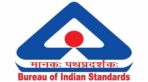 The logo for the bureau of indian standards is a blue triangle with a red circle in the middle.