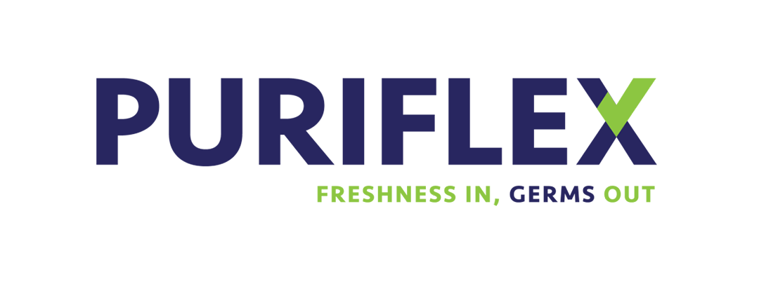 The logo for puriflex is blue and green and says freshness in germs out.