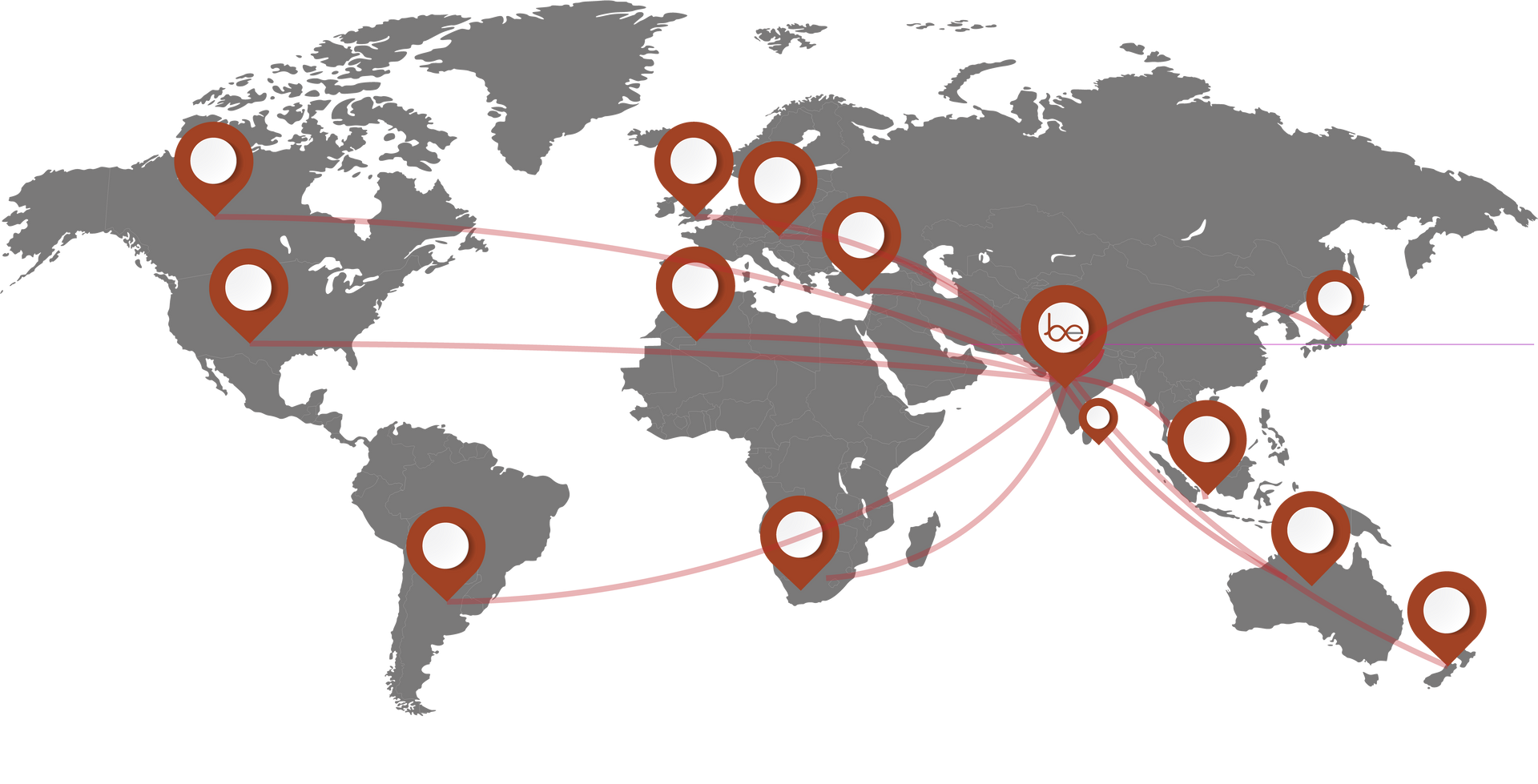 A map of the world with a lot of pins on it
