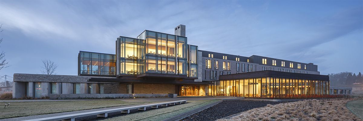 Building using steel to support glass walls and cantilevers.