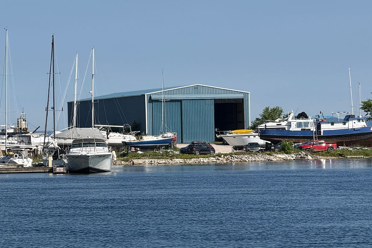 Blue steel marina building on Manitoulin Island