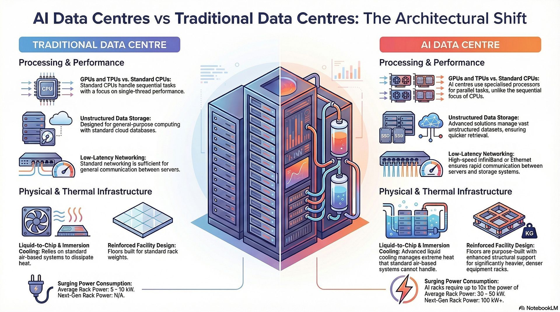 AI data centers versus traditional data center infographic