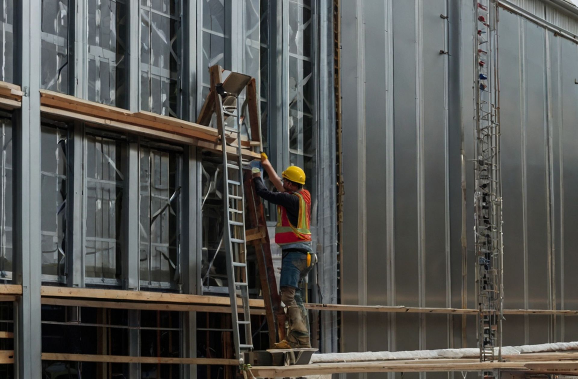 Skilled tradesperson installing new metal panels on an older metal building.