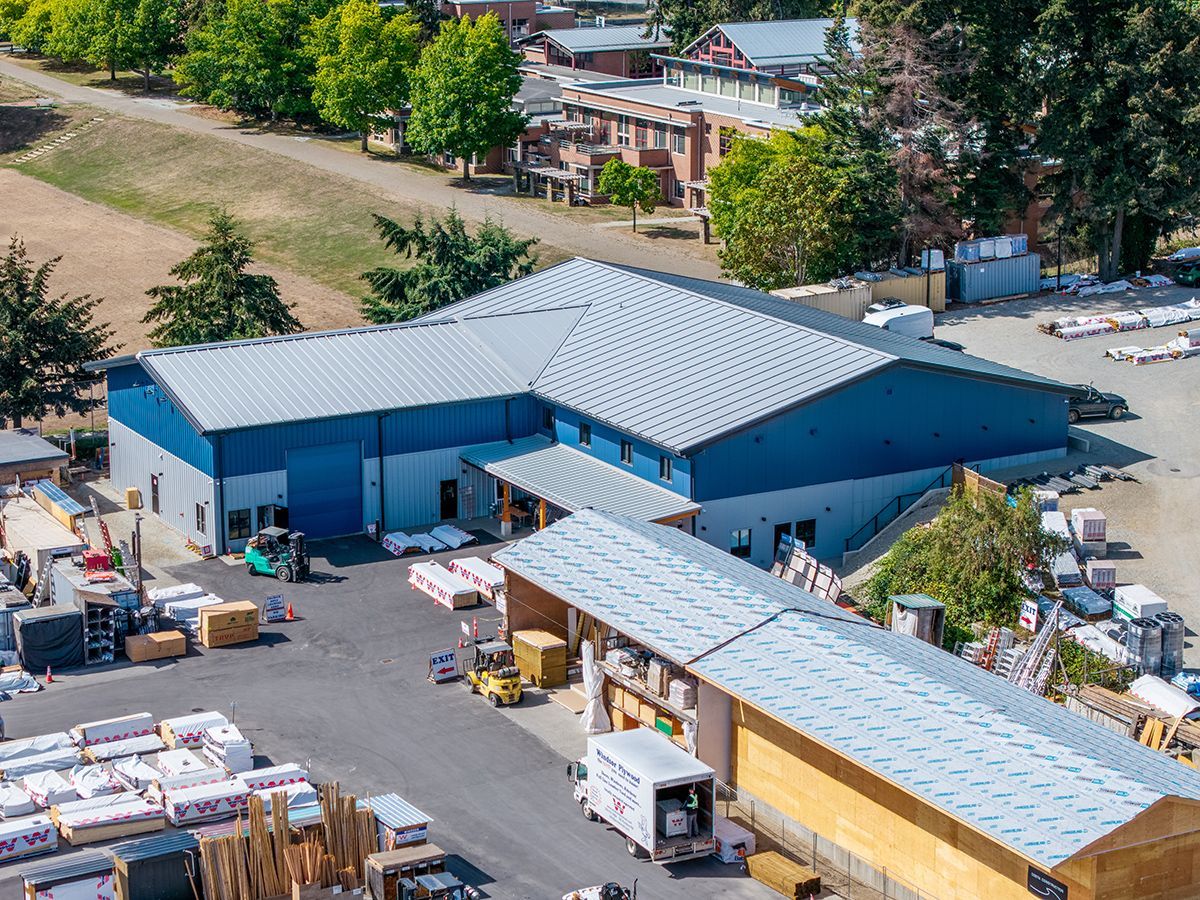 Top view showing Windsor Plywood steel building in British Columbia