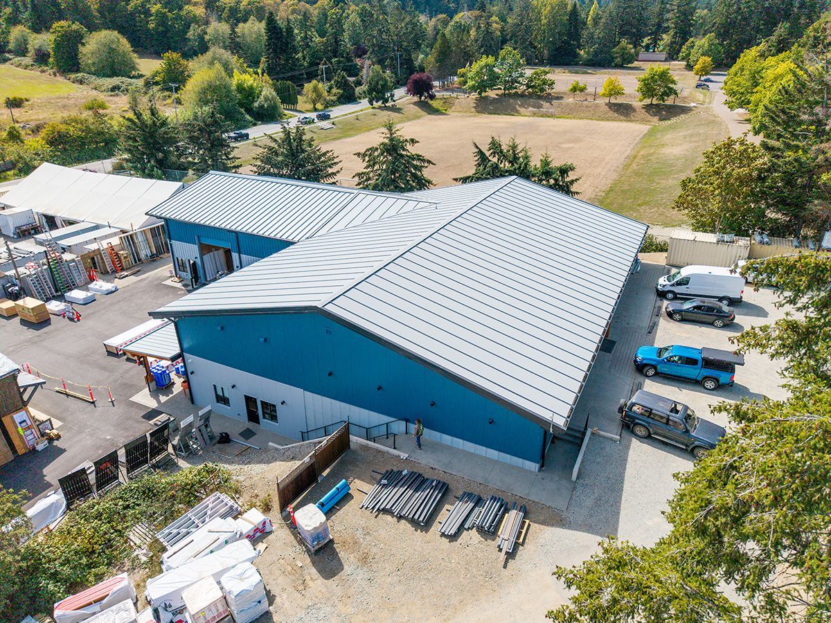 Aerial view of the standing seam gable metal roof at Windsor Playwood's Salt Sprint Island location