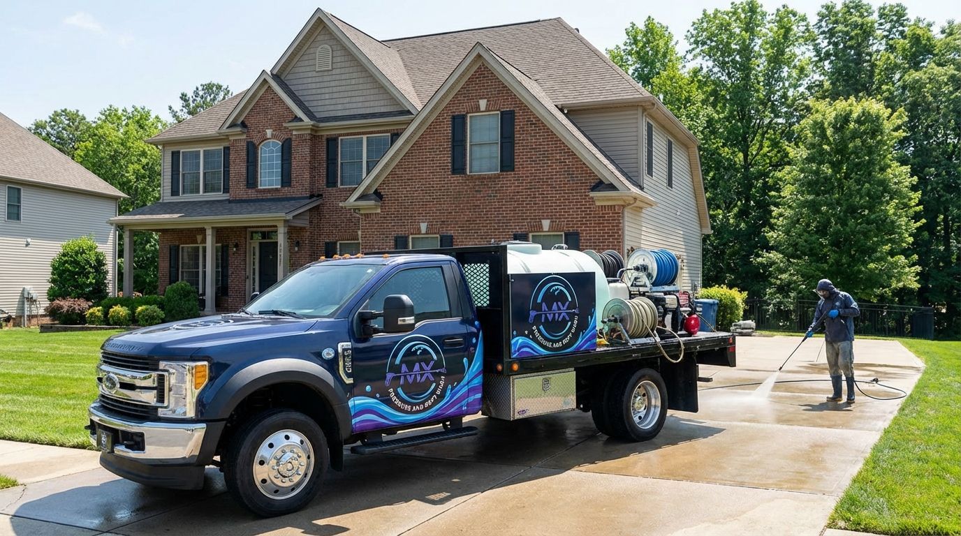 Truck washing driveway in front of a two-story house. Blue truck with business logo; person spraying driveway.