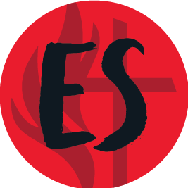 Red circle with black "ES" initials and a cross, with flames on the left.
