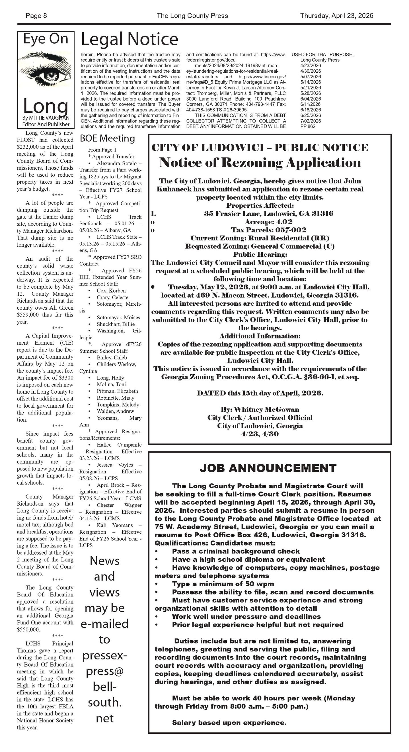 The front page of the long county press newspaper