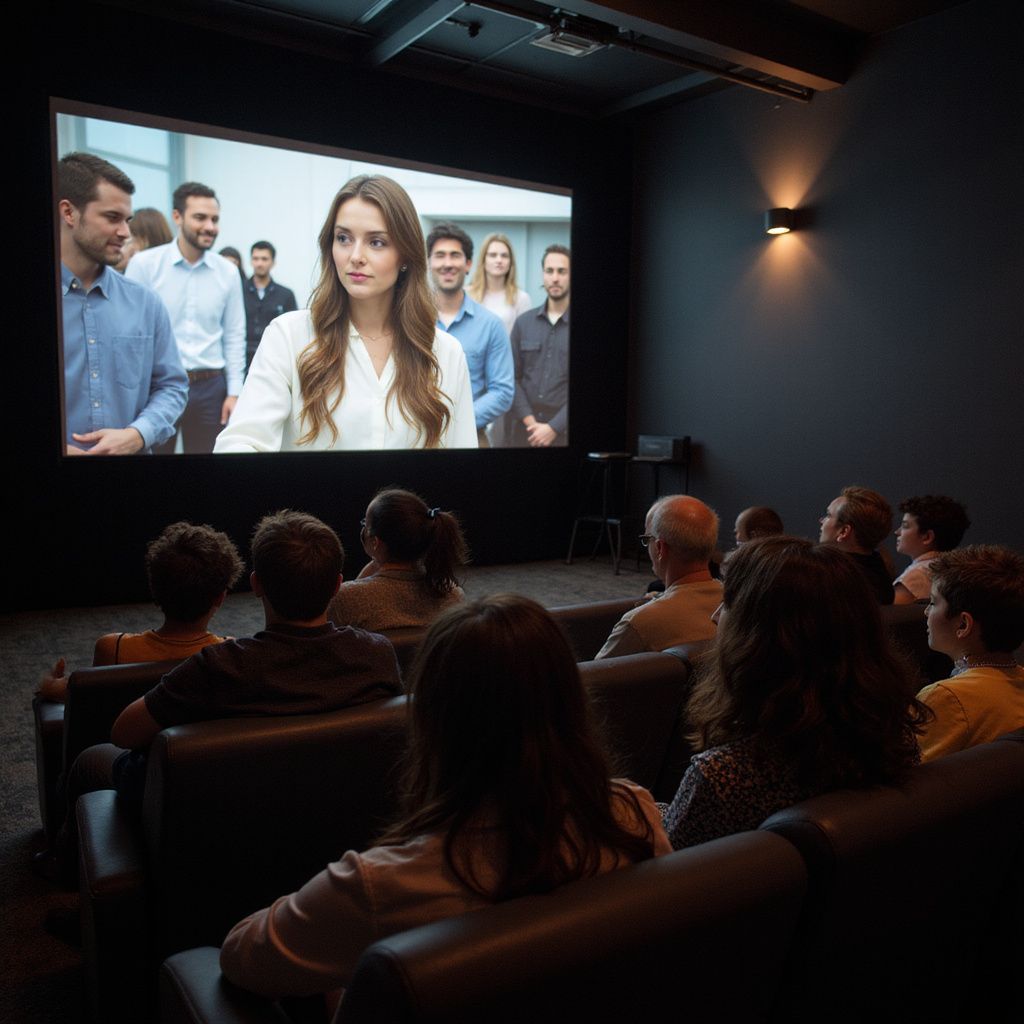 Publiek bekijkt een presentatie op een groot scherm in een schemerige, theaterachtige ruimte.