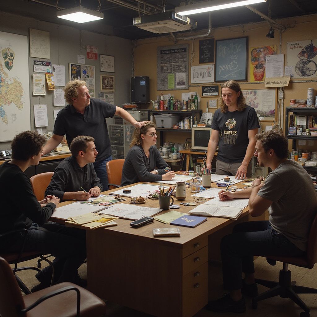 Een groep mensen zit rond een tafel in een rommelig kantoor en bespreekt documenten en aantekeningen.