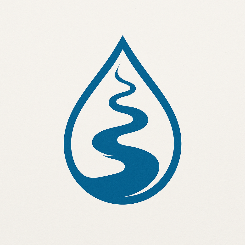 Blauw waterdruppellogo met een gestileerde golvende stroom erin.
