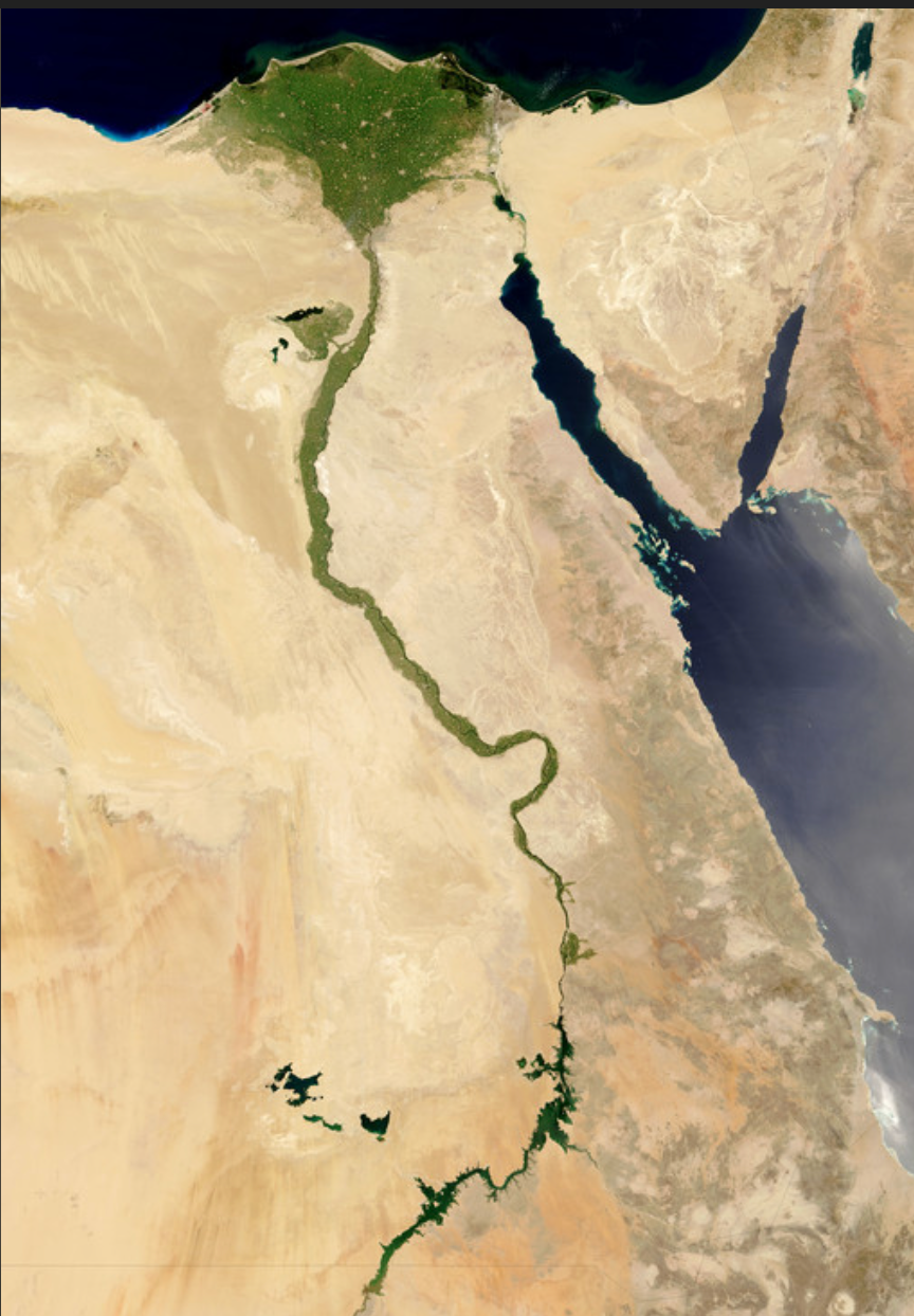 Satellietbeeld van de Nijl en de Nijldelta die door Egypte naar de Middellandse Zee stroomt.